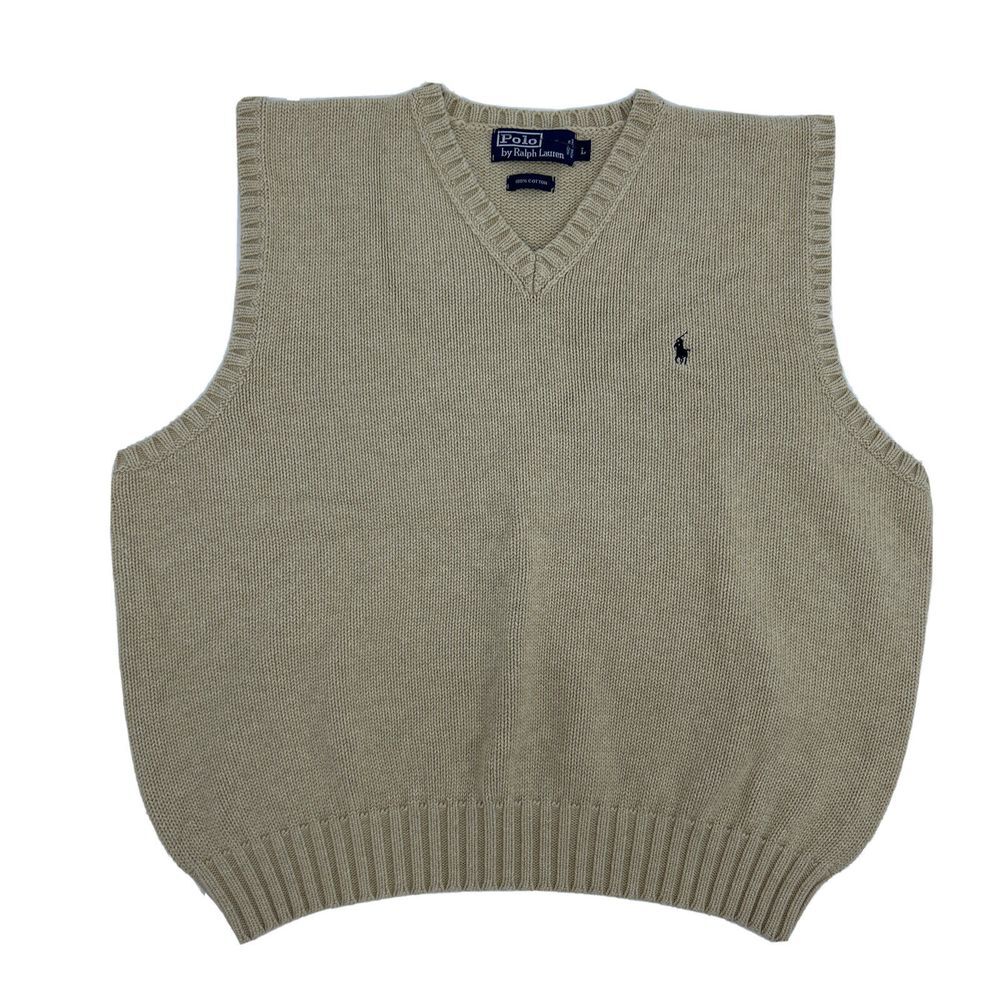Polo‎ by Ralph Lauren Sweater Vest Men's L Beige V-Neck Golf Cotton Preppy